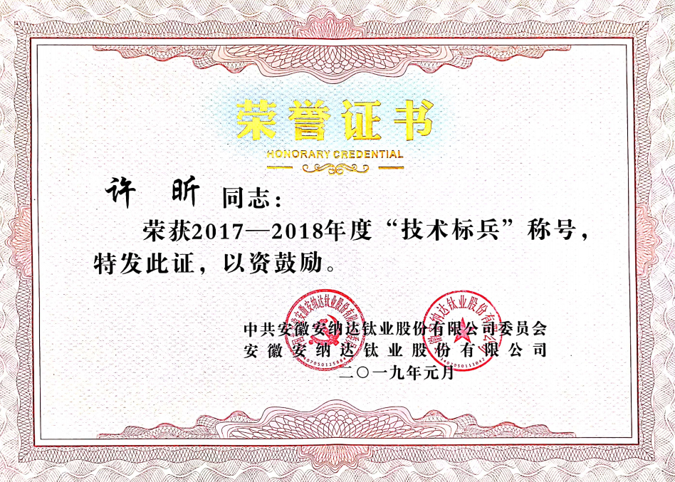 技术标兵荣誉证书—许昕